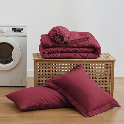 Love's cabin Twin Comforter Set Burgundy, 5 Pieces Twin Bed in a Bag, All Season Bedding Sets with 1 Comforter, 1 Flat Sheet, 1 Fitted Sheet, 1 Pillowcase and 1 Pillow Sham