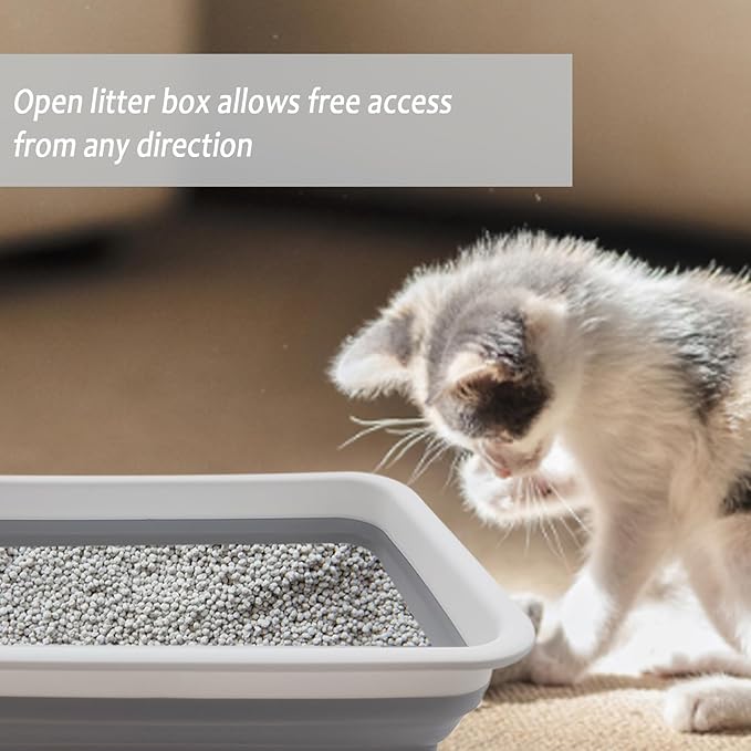 2 Pack Collapsible Small Cat Litter Box, Open Kitten Litter Potty Pan Low Entry Pet Kitty Toilet Foldable Waterproof Travel Toilet for Sick Frail Kitty 14.6 x 10.6 x 4.8 inches Grey-Mewly Pet