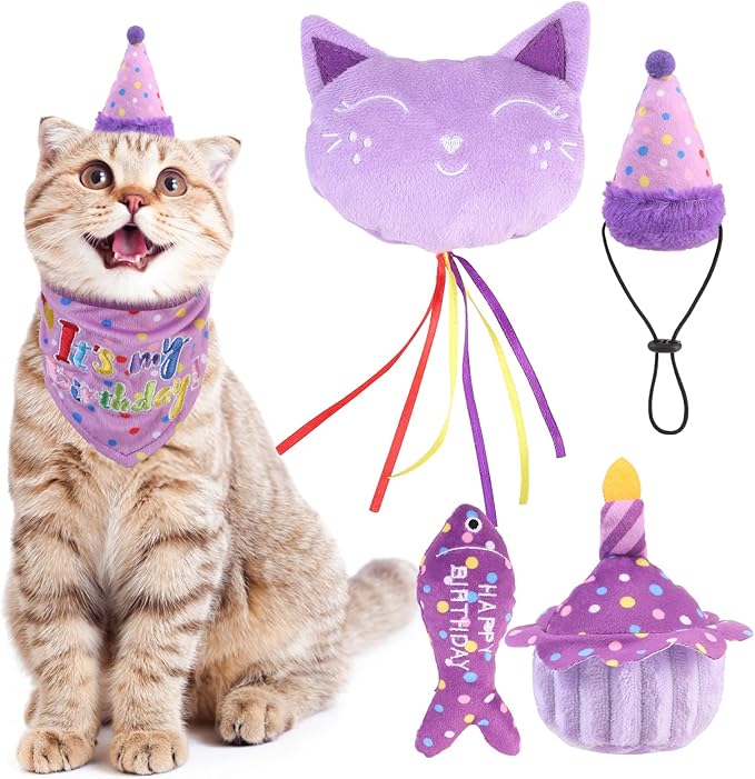 BINGPET Cat Birthday Catnip Toys for Indoor Cats,Cat Birthday Hat,Bandana and Cat Birthday Cake Interactive Plush Kitten Chew Toys,Cute Fish,Balloon Toys with Crinkle Paper and Catnip Inside(Purple)-Mewly Pet