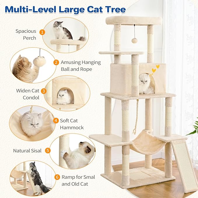 Cat Tree Tower 63in Multi-Level Cat Tower for Indoor Cats with Sisal Scratching Posts, Condo, Hammock, Dangling Ball and Extended Platform for Cats to Play, Beige-Mewly Pet