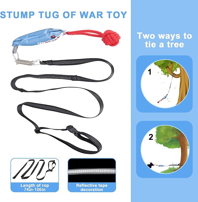 Dog Tree Tug of War Toy with Handles,Tethered Tug of War Outdoor Toy with Squeaky Self Play for Aggressive Chewers, Durable Bungee Cord with Chew Ball-Mewly Pet