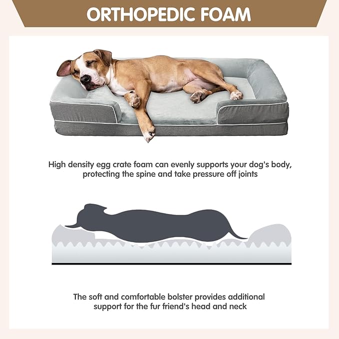 Dog Beds for Large Sized Dogs,Washable Orthopedic Memory Foam Dog Couch Sofa Bed with Bolster,Removable Cover,42x30Inch,Grey-Mewly Pet
