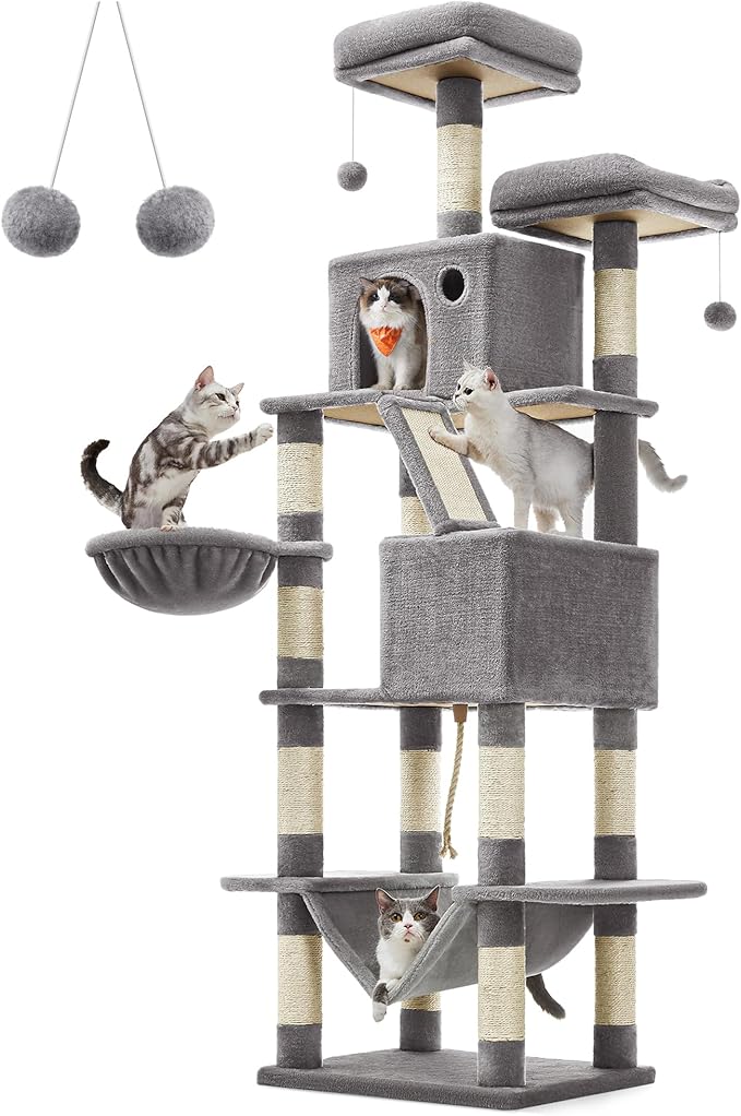 Feandrea Cat Tree, 81.1-Inch Large Cat Tower with 13 Scratching Posts, 2 Perches, 2 Caves, Basket, Hammock, Pompoms, Multi-Level Plush Cat Condo for Indoor Cats, Light Gray UPCT190W01-Mewly Pet