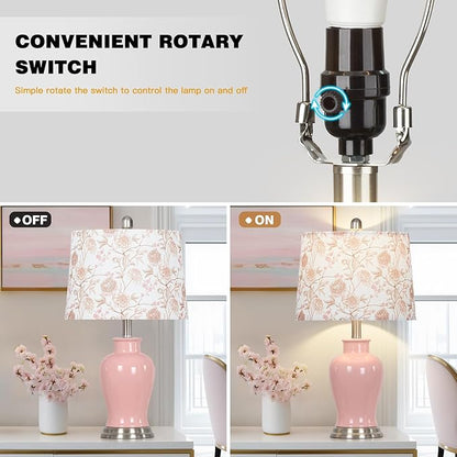 Pink Ceramic Table Lamp with Flower Lampshade, 23" Cute Ceramic Bedside Lamp with Ginger Jar Design, Modern Living Room Lamps Set 2, Elegant Bedroom Lamps for Nightstand Desk Side Home Decor