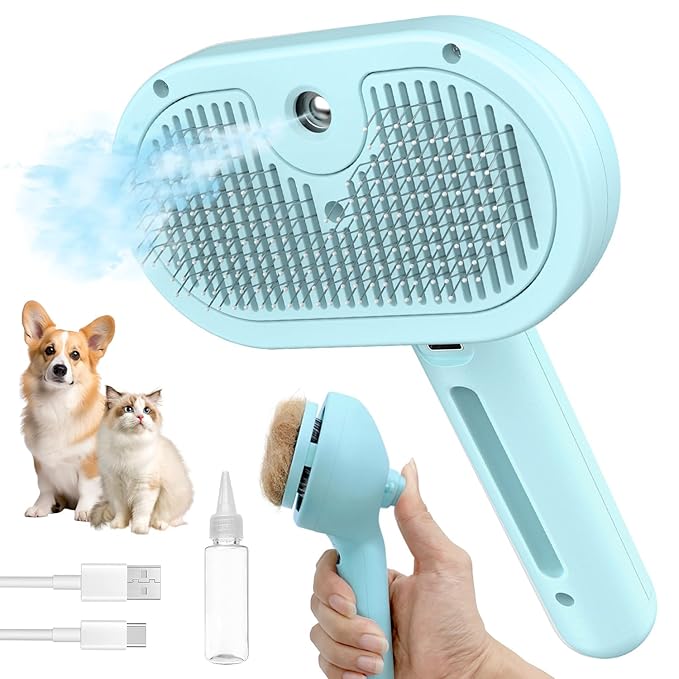 Spray Cat Brush for Shedding, Static & Tangled Hair - Self Cleaning, Long & Short Hair Pets Grooming Brush (Blue)-Mewly Pet
