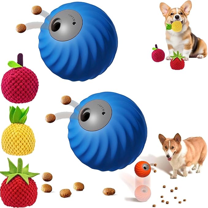 Zoomie Buddy 2.0, Zoomie Buddy for Dogs, 2 in 1 Smart Touch Interactive Dog Balls ＆ Pet Feeder, 2.83" Diameter, Suitable for Small/Medium Dogs, with Fruit Plush Cover (2*Blue, 3*Mix)-Mewly Pet