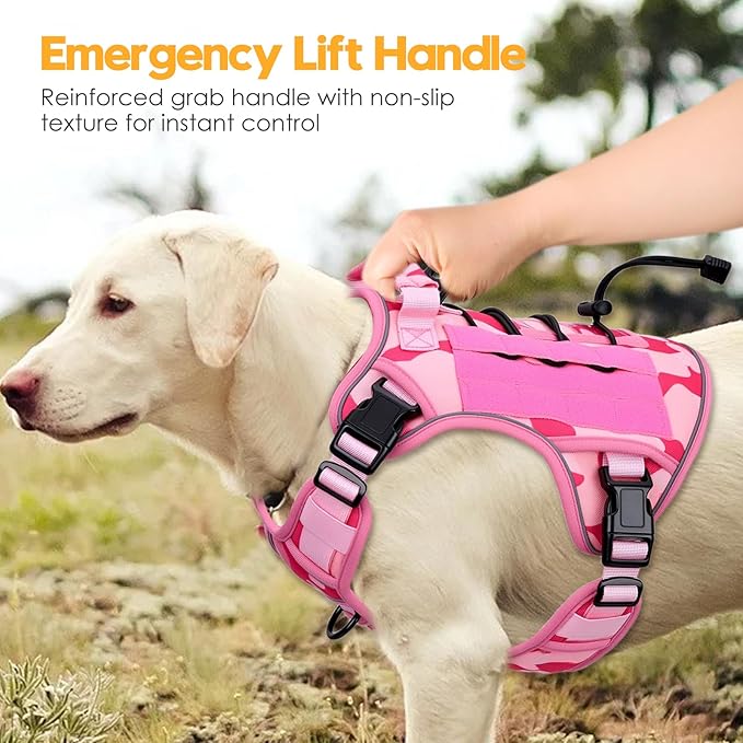 Heavy-Duty Tactical Dog Harness for Large Dogs, No Pull Adjustable Reflective Pet Vest with Molle System, K9 Military-Grade Control for Service Training, Outdoor & 10+ Breeds, Pink Camo, Large-Mewly Pet