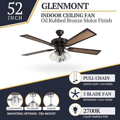 Prominence Home Glenmont, 52 Inch Farmhouse LED Ceiling Fan with Light, Pull Chain, Three Mounting Options, Dual Finish Blades, Reversible Motor - 40278-01 (Oil-Rubbed Bronze)
