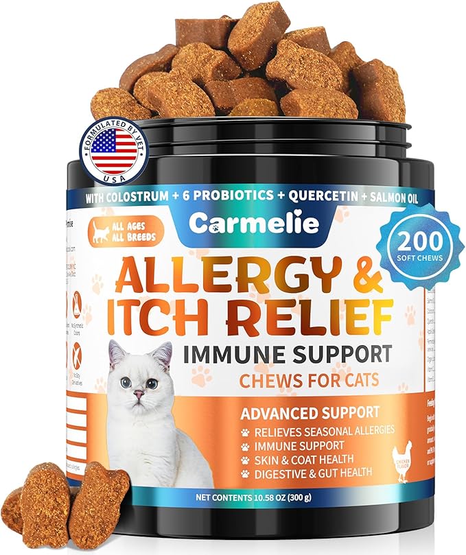 Cat Allergy Relief Chews 200 pcs - Cat Itchy Skin & Paw Licking Relief - Omega 3 & Probiotic for Cats - Anti-Itch Relief for Skin & Coat Health, Immune Support, Seasonal Allergies - Chicken Flavor-Mewly Pet