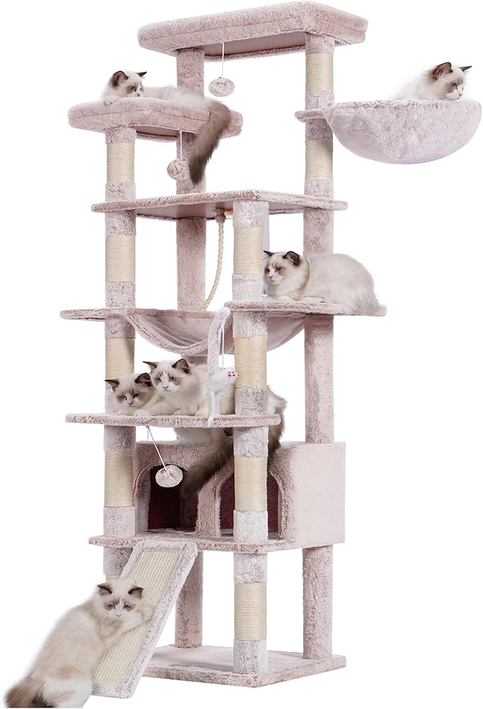 Heybly Tall Cat Tree, 78-inch Multi-Level Cat Tower for Indoor Cats, 2 Widened Plush Perches Cat Condo with Scratching Board and Big Caves, Muchroom HCT033MU-Mewly Pet