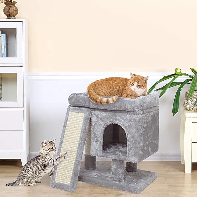 SYANDLVY Small Cat Tree for Indoor Cats, Cat Tower with Scratching Post, Modern Activity House for Large Cats, Condo with Board, Kittens Cave (Light Grey)-Mewly Pet