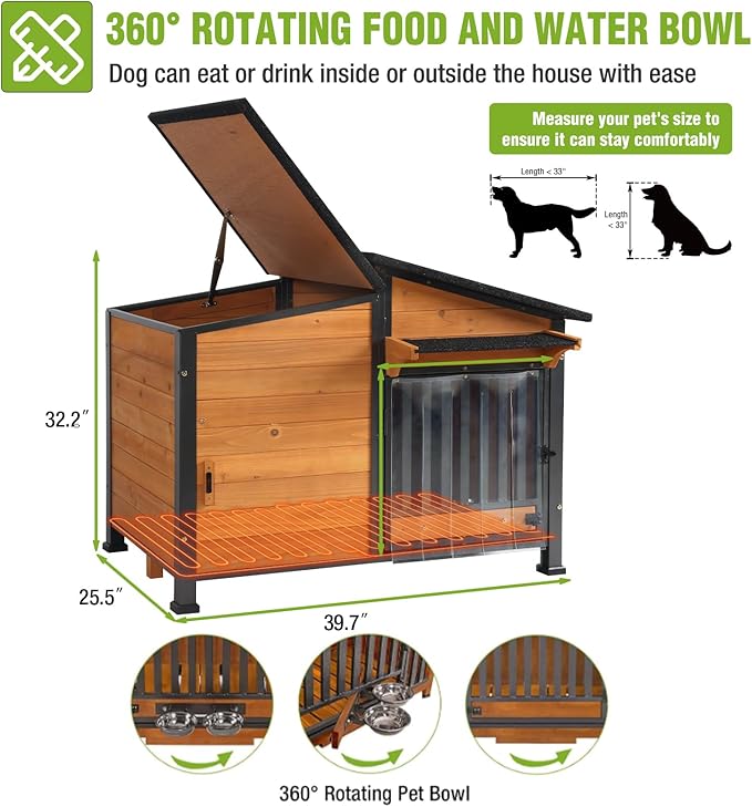 GUTINNEEN Heated Dog House Outdoor Dog Kennel with Safe Heated Pad, Chew-Proof Metal Frame and Rotating Food Bowl for Small to Medium Dogs, 39.7"x25.5"x32.2" (Dark Brown)-Mewly Pet