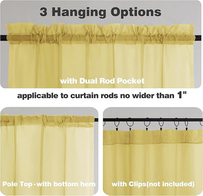 Chyhomenyc Sheer Yellow Tier Curtains 24 Inch Length, Small Window Curtains Treatment for Bathroom Living Room Basement, Short Rod Pocket Cafe Curtain, 42W x 24L Inches, 2 Panels
