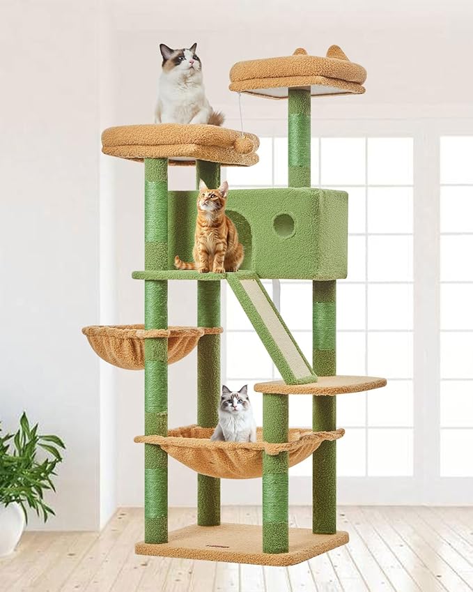 Taoqimiao Cactus Cat Tree, 57.5-Inch Cat Tower for Indoor Cats Large Adult, Extra Large Cat Condo, 8 Sisal Scratching Posts, Metal Frame Cozy Hammock, Durable Scratch Board, 2 Top Perches, MSC026-Mewly Pet