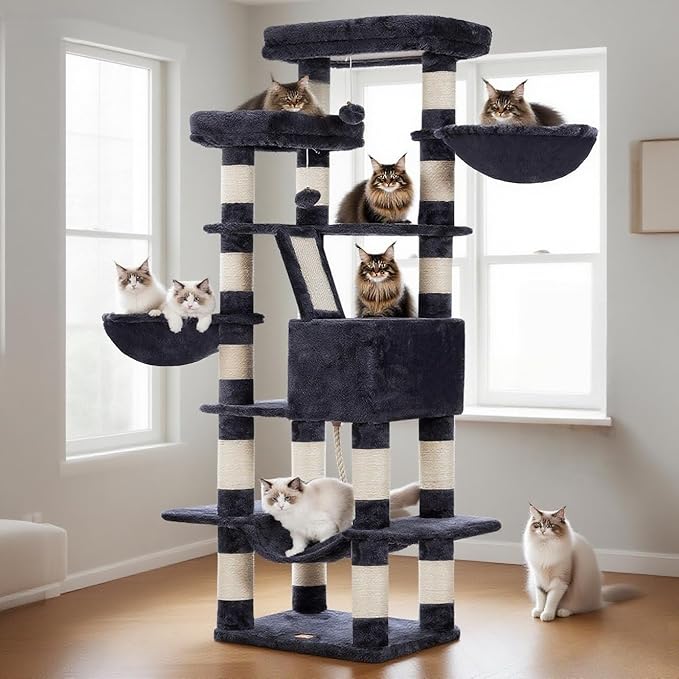 Heybly Cat Tree, 68 inch Multi-Level Cat Tower for Indoor Cats, 2 Widened Plush Perches Cat Condo with Scratching Board and Big Caves, Smoky Gray HCT025G-Mewly Pet