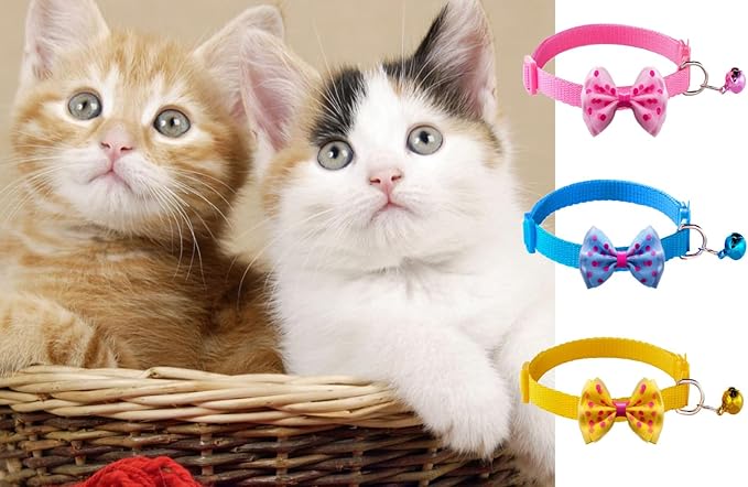 16 PCS Cute Cat Collars with Bells - Breakaway Collars for Girls & Small Kittens - Pink, Bowtie Design - Kitten Supplies-Mewly Pet