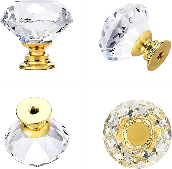 Ravinte 30 Pack Crystal Drawer Knobs - Glass Cabinet Knobs, Diamond Shaped, 30 mm, Gold Base