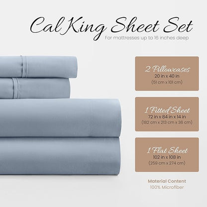 Linen Market Double-Brushed Microfiber California King Sheet Set 4 Piece – Oeko-TEX Certified Ultra Soft & Wrinkle-Free - 16" Deep Pocket Sheets Easy Care Cal-King Size - Light Blue