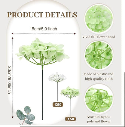 Zeyune 100 Pcs Hydrangea Artificial Flowers, Silk Flower Heads with Stems, Fake Hydrangea Bouquet for Wedding Arch Centerpiece DIY Floral Home Decoration (White and Green)