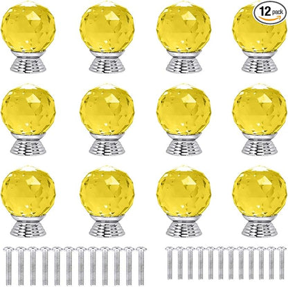 12 Pcs 30mm Round Shape Crystal Glass Cabinet Knobs with Screws Drawer Knob Pull Handle Used for Kitchen, Dresser, Door, Cupboard(Yellow)