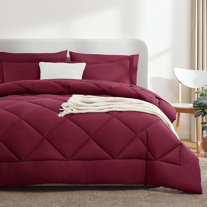 CozyLux Full Size Comforter Sets Burgundy - 7 Pieces Bed in a Bag Full, Luxury Soft Bed Set for All Seasons, Bedding Set with Down Alternative Comforter, Sheets, Pillowcases & Shams, Red