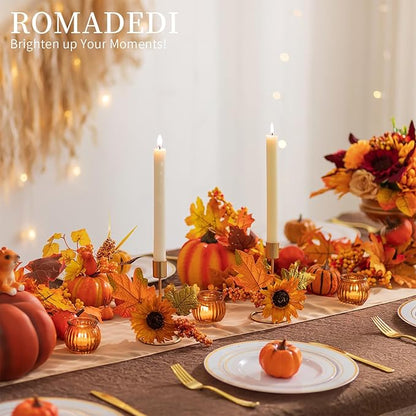 Romadedi Fall Candle Holder for Thanksgiving: Candlestick Holders Decor for Autumn Table Centerpiece Gold Party Decoration Indoor Kitchen Dining Fireplace Mantel Sunflower Maple Leaves Set of 2