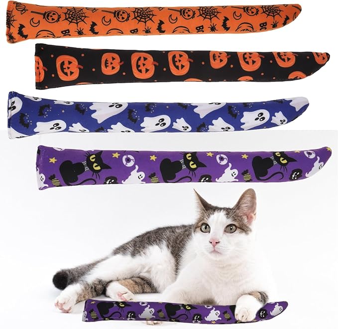 EXPAWLORER Halloween Cat Toys, 4 pcs Soft Pillow Catnip Toys with Bells Inside, Interactive Bite Resistant Fish Shape Kicker Toys for Indoor Kitten Playing-Mewly Pet