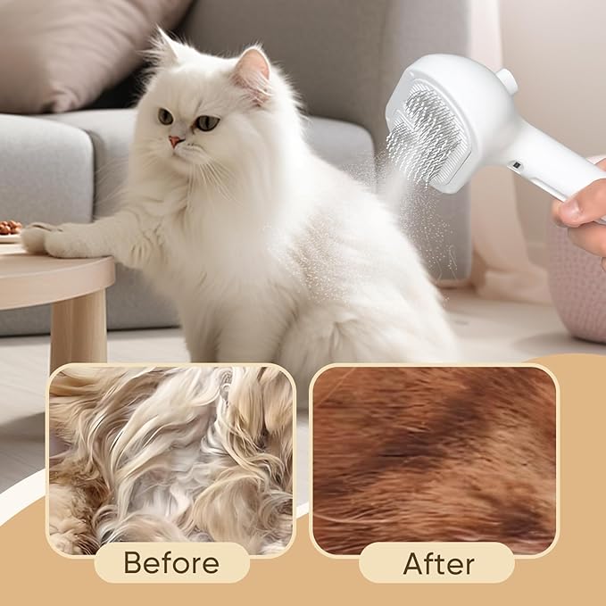 3-in-1 Cat Steam Brush – Pet Grooming & Shedding Comb with Gentle Steam Spray, One-Click Hair Release, for Long & Short Hair Cats & Dogs (White)-Mewly Pet