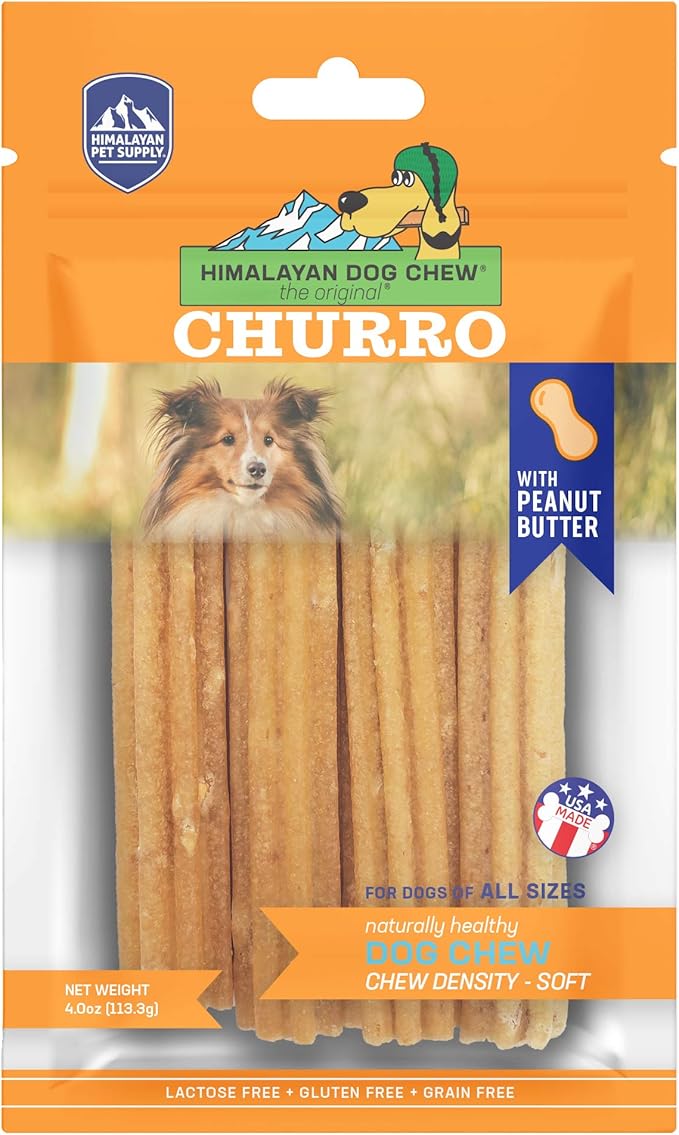 Himalayan Dog Chew Churro Yak Cheese Dog Chews, 100% Natural, Long Lasting, Gluten Free, Healthy & Safe Dog Treats, Lactose & Grain Free, Protein Rich, Real Peanut Butter Flavor, 4 Churros Per Pouch-Mewly Pet
