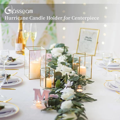 Glasseam Glass Hurricane Candle Holder: Set of 3 Gold Square Candle Holders for Pillar Candles Large for Table Centerpiece Wedding Christmas Decorative
