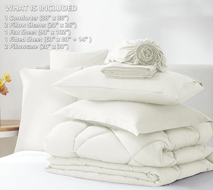 CozyLux Queen Comforter Set Ivory - Bed in a Bag Queen Size 7 Pieces, Luxury Soft Bed Set for All Seasons, Bedding Set with Down Alternative Comforter, Sheets, Pillowcases & Shams