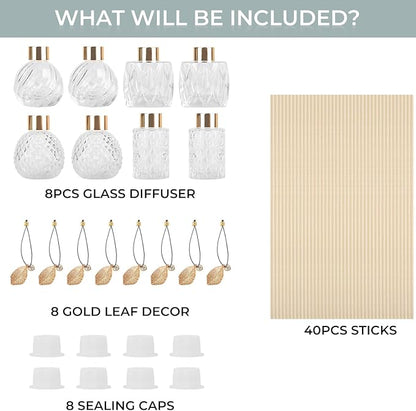 8Pcs Reed Diffuser Set with Metal Golden Decoration, 3.5oz-4.2oz Empty Bottles with 20Pcs Reed Sticks, Unique Design Bottles for Home and Office