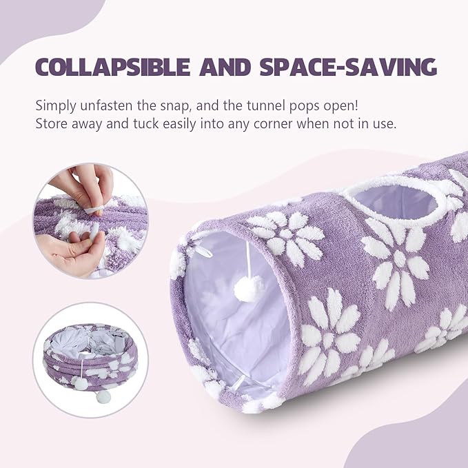 Straight Cat Tunnel for Indoor Cats 47"x12", Cute Cat Toys Collapsible Tunnel Tube with Balls for Puppy Kitten Rabbit, Purple Flower-Mewly Pet