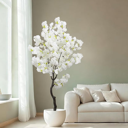 Large Artificial White Cherry Blossom 6ft(72in) Faux Floor Green Plant for Indoor Decor Natural Potted Tree Realistic Cherry Flowers Wood Trunk for Home Living Room,Office Perfect Housewarming Gift