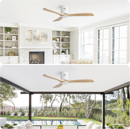 Sofucor 52 Inch Ceiling Fan No Light, Solid Wood Ceiling Fans Without Lights Remote Control, Reversible DC Motor, 6-Speed, Flush Mount Indoor/Outdoor Ceiling Fans for Patios, Bedroom and Farmhouse