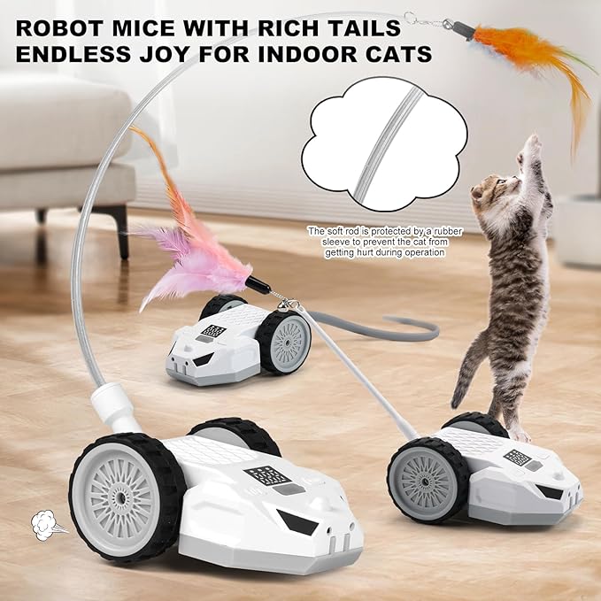 Interactive Cat Toys for Indoor Cats - Smart Moving Electric Mouse with Remote Control, Feather Tail, and Rechargeable Battery - Automatic Play for Bored Kittens & Adult Cats & Daily Exercise-Mewly Pet
