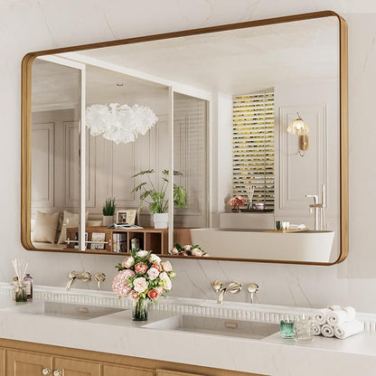 LOAAO 60X36 Inch Bathroom Mirror with Wood Grain Colored Metal Frame, Rounded Rectangle Metal Framed Bathroom Mirror, Anti-Rust, Hangs Horizontally or Vertically, Tempered Glass