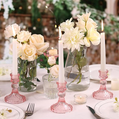 Glass Candle Holder Set of 12, Pink Taper Candle Holders Bulk, Vintage Candlestick Holders, Candle Stick Holder for Table Centerpieces, Wedding & Mother's Day