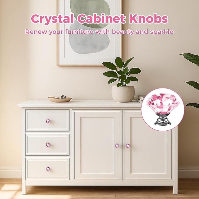 DEELF 25 Packs Kitchen Cabinet Knobs, 30 mm Crystal Cabinet Knobs, Diamond Dresser Handle Drawer Pulls, Dresser Knobs for Cabinets and Drawers, Pink