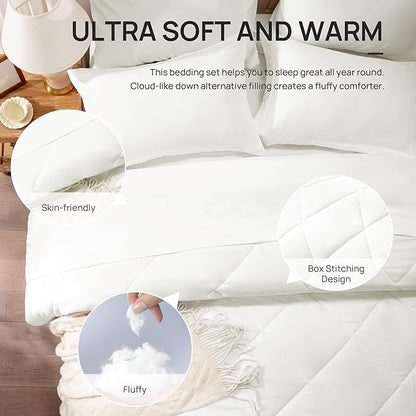 Love's cabin Queen Comforter Set Ivory, 7 Pieces Queen Bed in a Bag, All Season Bedding Sets with 1 Comforter, 1 Flat Sheet, 1 Fitted Sheet, 2 Pillowcase and 2 Pillow Sham