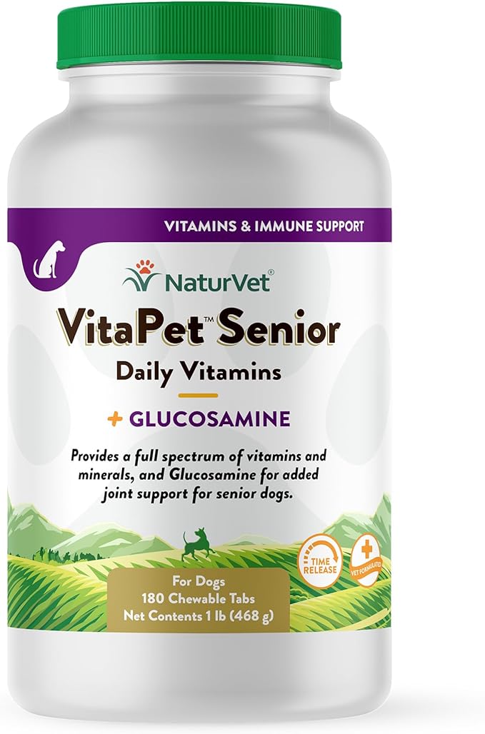 NaturVet VitaPet Senior Daily Vitamins Plus Glucosamine, Dog Multivitamin Supplement, Chewable Tablets, Time Release, Made in The USA with Globally Source Ingredients 180 Count-Mewly Pet