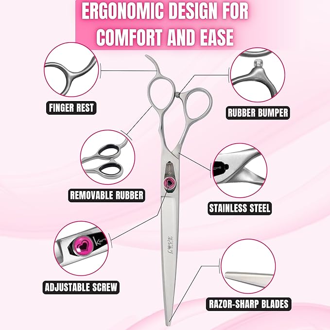 Kenchii Love Dog Grooming Scissors, 8 Inch Straight Shears, Dog Scissors for Grooming, Professional Pet Grooming Scissors, Heavy Duty, Durable and Sharp-Mewly Pet
