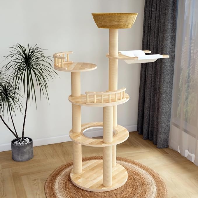 Modern Wood Cat Tree for Large Cats,Luxury Rattan Oak Cat Trees Towers，Rattan Cat Tree with Capsule &Hammock，3 Weaving Cat Nests & Washable, Sisal Scratching Posts, for Indoor Cats, (Large 02)-Mewly Pet