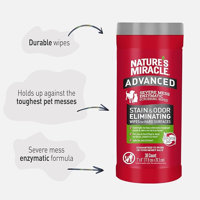 Nature’s Miracle Advanced Stain And Odor Eliminating Wipes for Hard Surfaces, 30 Count, Enzymatic Formula Eliminates Tough Pet Messes-Mewly Pet