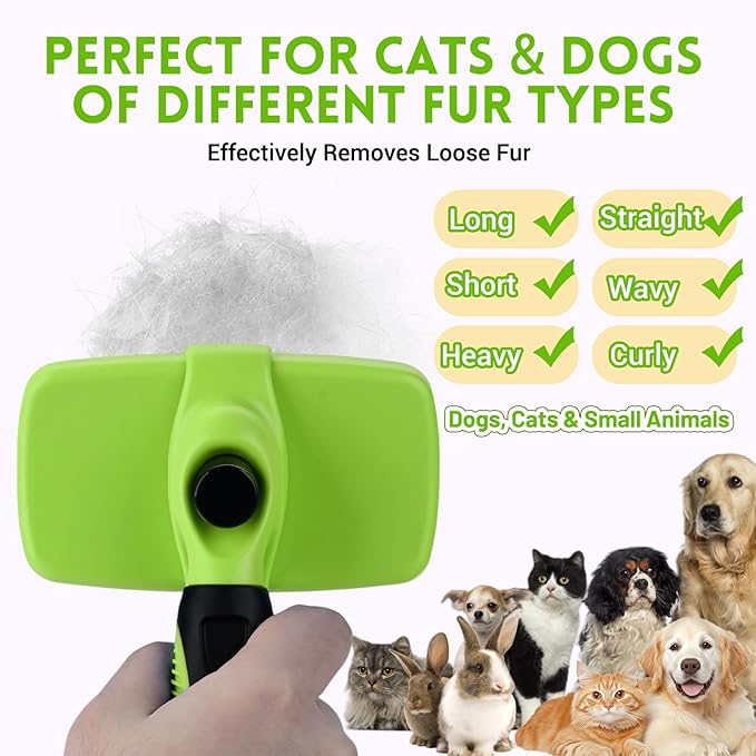 Large Self Cleaning Deshedding Brush for Dogs & Cats - One Button Hair Release Grooming Tool, Gentle Massage Brush for Long and Short Hair (Green)-Mewly Pet