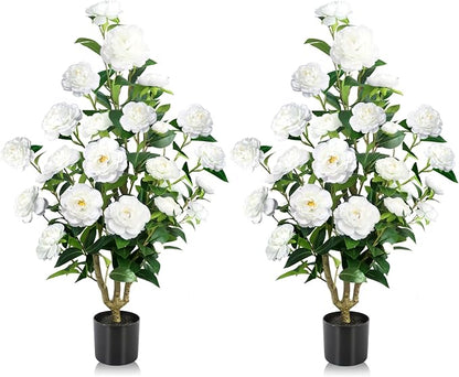 Faux Outdoor Plants 2 Pcs - 39’’ Artificial Camellia Tree Potted with White Flowers, Artificial Plants Outdoor Porch Front Door Garden Indoor Office Home Wedding Decor Housewarming Gift