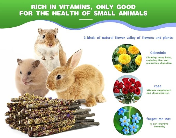 Abizoo Bunny Chew Toys for Rabbits,18PCS Natural Apple Wood Sticks with Petals Good for Chinchillas Guinea Pig Hamster Teeth Care, Bunny Small Pet Treats Teething Toys| Natural Organic Safe-Mewly Pet