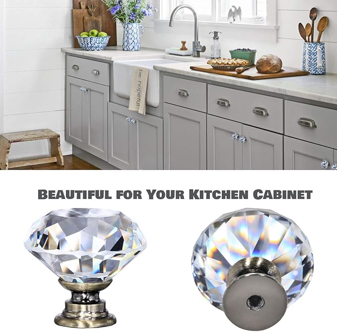 12 Packs Crystal Cabinet Knobs Drawer Pulls and Knobs Diamond Dresser Handles Crystal Pulls for Drawers - 30 mm Clear Glass Cabinet Knob with Bronze Base