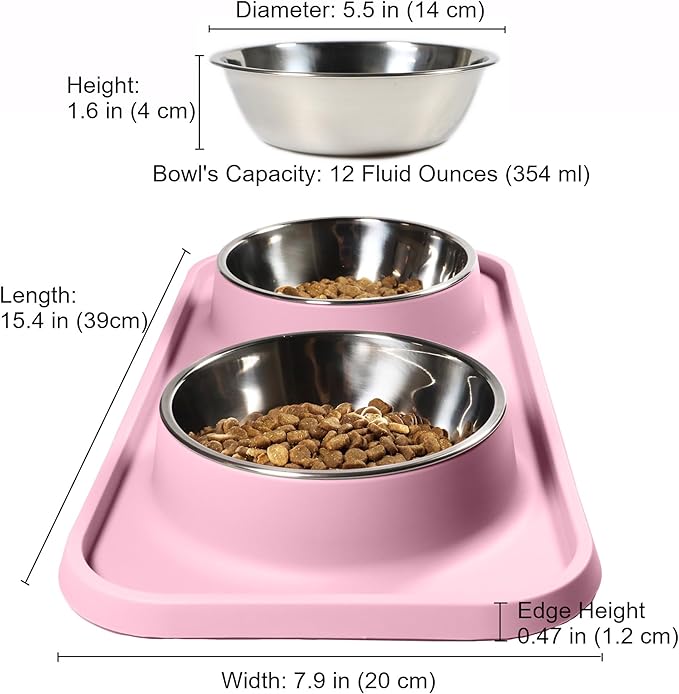 Cat Food Bowls, Cat Bowls Non-Skid and Non-Spill Silicone Pads with PP Stand, Removable Stainless Steel Food and Water Dishes for Cats, Small Size Dogs-Mewly Pet