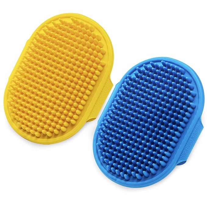 Dog Grooming Brush, Lilpep Pet Shampoo Bath Brush Soothing Massage Rubber Comb with Adjustable Ring Handle for Long Short Haired Dogs and Cats (Blue+Yellow, pack of 2)-Mewly Pet